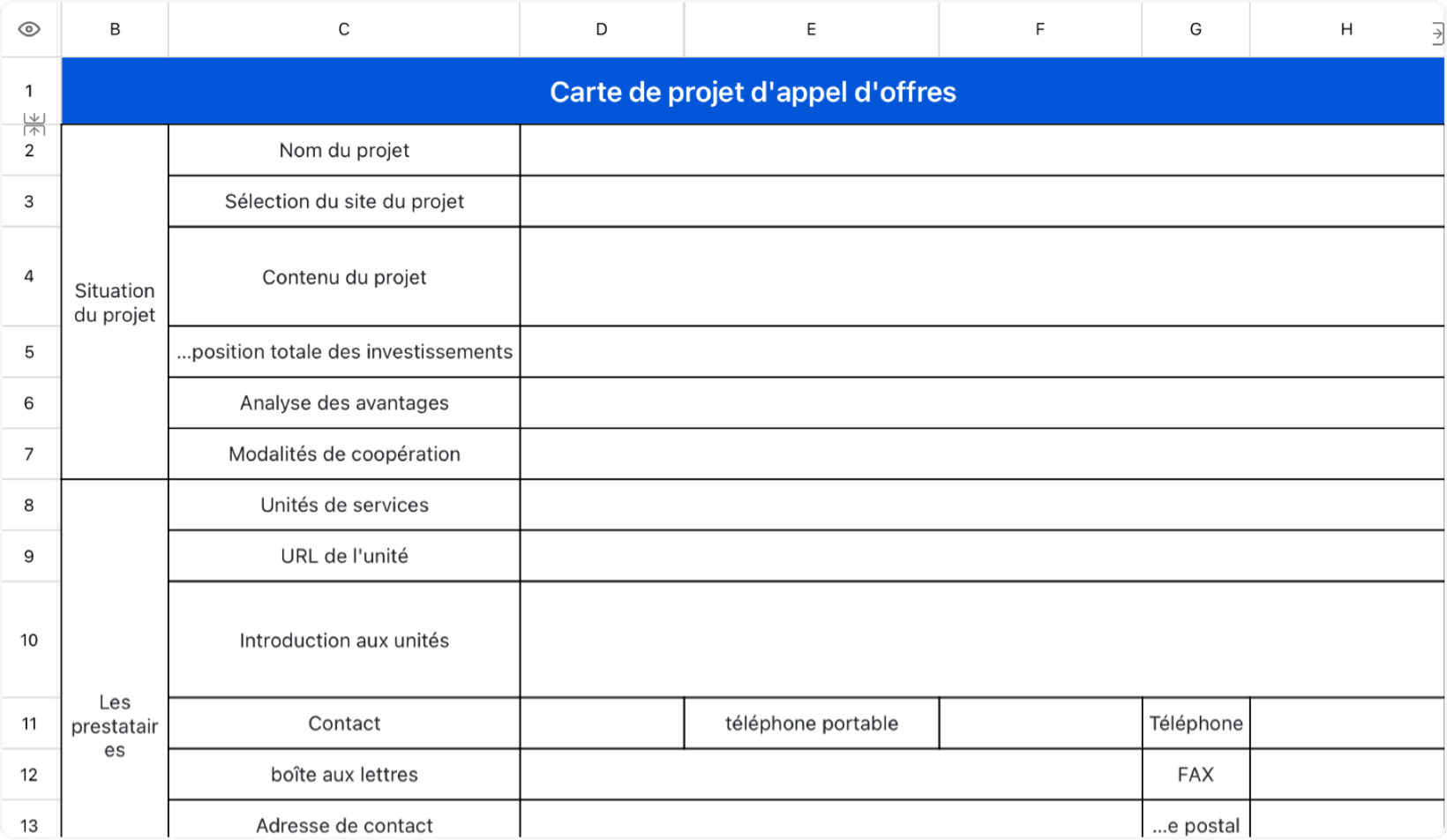 Carte de projet d'appel d'offres